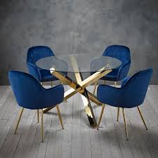The Maison Dining Table Has Show Stopper Looks However It Won T Dominate Your Space The Sleek G Blue Dining Chair Velvet Dining Chairs Glass Round Dining Table