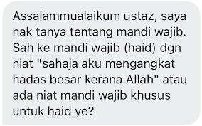 Bacaan niat niat mandi wajib selepas bersetubuh. Muhammad Fahmi Ø¹Ù„Ù‰ ØªÙˆÙŠØªØ± Niat Mandi Wajib Di Dalam Hati Mandi Wajib Ini Disebabkan Nak Angkat Junub Hadas Besar Termasuklah Keluar Mani Lepas Bersetubuh Keluar Haid Nifas Wiladah Boleh Niat Seperti 1