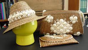 Vintage Matching Straw Hat Purse Matching Handbag Hat Clutch Shell Flower Handbag Bag Comfort Strap Tropical Coastal Beachwear Sun Purses Handbag Outfit Accessories