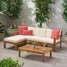 Noble House Santa Ana Teak Brown 5 Piece Wood Patio Conversation Sectional Seating Set With Cream Cushions 68217 The Home Depot In 2020 Wood Sofa Backyard Furniture Wood Patio