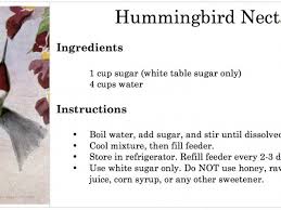 You just need sugar and water and the right ratio to make as much or as little as your hummingbirds can consume daily. No Red Dye Recipe