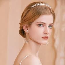 Simple Crystal Bridal Small Crown Wedding Tiara with Earring Gold Color  Women Hairband Accessories