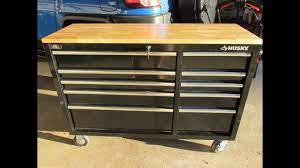 The cabinet has a sturdy solid maple frame and birch plywood panels. Husky 52 In 10 Drawer Mobile Workbench With Solid Wood Top Review Youtube