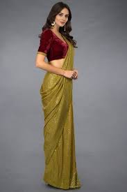 Mehandi Green Sequin Embroidered Stitched Saree With Blouse In 2020 Saree Trends Saree Styles Designer Saree Blouse Patterns