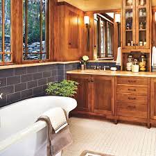 The amazing craftsmanship of this bathroom can be seen on the sleek light blue tray ceiling with a middle tray dominated by wooden exposed beams. A Bath Goes From Washed Out To Craftsman Style This Old House