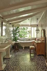 Over The Top Double Bath With Clawfoot Tub And Cement Tiles With Open Rafter Ceiling Home House Design House Interior