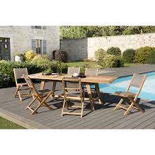 La table ronde extensible est un meuble pratique et facile à utiliser. Salon De Jardin 6 Places Table En Teck Chaises Pliantes Taupe