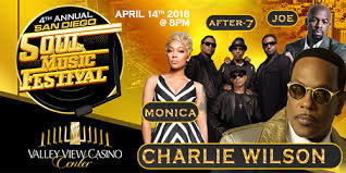 Check out the top three music festivals happening in san diego this year, along with where to score tickets to each one! 4th Annual San Diego Soul Music Festival Feat Charlie Wilson Joe After 7 Monica Pechanga Arena San Diego