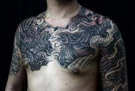 Black And Grey Chest Tattoo Half Sleeve To Chest Black And Grey Dragon And Phoenix Tattoo 3 Tattoo Dragon And Phoenix Phoenix Tattoo Phoenix Tattoo Sleeve