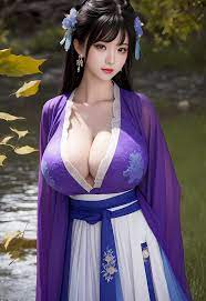 women, Asian, Chinese Women, brunette, Pastania, cleavage, big boobs,  looking at viewer, AI art, artwork, Stable Diffusion, dress, outdoors,  leaves, river, flower in hair, water, portrait display, earring | 2816x4096  Wallpaper -