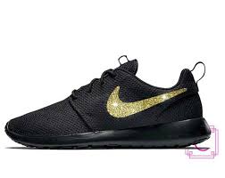 Black And Gold Nike Running Shoes Women S Nike Roshe Two In All Black With Gold Glitter Swoosh Detail Glitter Nikes Custom Nikes Custom Sho Nike Roshe Two White Nike Shoes Nike Shoes Blue
