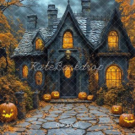 Kate Halloween Haunted House Pumpkins Maple Trees Printed Backdrop Designed by Emetselch, Microfiber (Printed) / 6.5x6.5ft - sitting kids / headshots