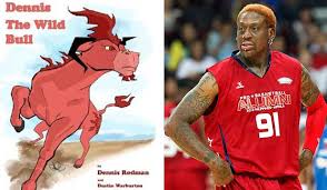 The large red bull on the cover has flowing red hair, two nose rings, a tattoo and red stubble under his chin. Dennis Rodman Writes Kids Book Stuff Co Nz