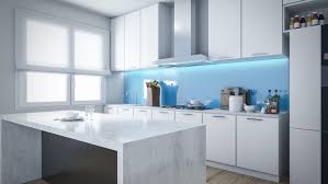 modern kitchen with glass backsplash