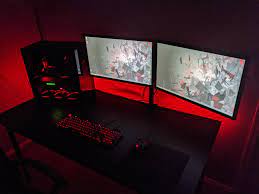 Simple Black And Red Pc Computers Gaming Video Game Room Design Computer Gaming Room Red And Black Gaming Setup