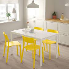 With 31.5 x 31.5 of table space, this table can comfortably seat 2 people and fit up to 4. Melltorp Janinge Table And 4 Chairs White Yellow Ikea