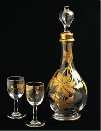 Antique Gilt Glass Enamel Decanter Stemware Set C 1890 S France Vase Verre Peinture Sur Verre Carafe