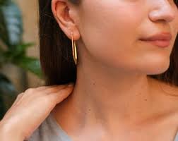 14K Solid Gold Rectangle Earring Gold Latch Back Hoop Earrings Chunky  Statement Link Hoop Earrings