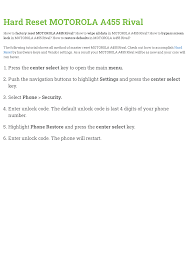 Unlock your motorola phone free in 3 easy steps! Hard Reset Motorola A455 Rival Manualzz