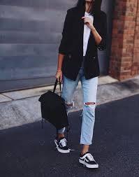 Black Blazer And Jeans Womens Faded Cropped Ripped Jeans White Tee Black Vans Black Blazer Fashion Classy Street Style Tshirt Outfits