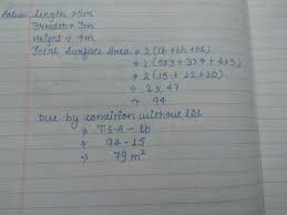 Put a layer of sand, about 6 deep over the whole area and compact it well. Find The Area Of Thin Sheeting Required For Making An Open Cistern I E Without A Lid 5m Long 3m Brainly In