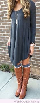 Grey Dress And Brown Boots With Accessories Fashion Grey T Shirt Dress Autumn Fashion