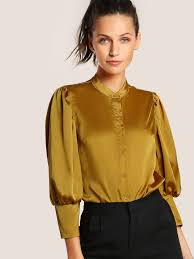 Puff Sleeve Slim Fit Satin Blouse Fitted Blouses Trendy Outfits Yellow Fashion