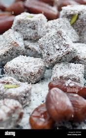 Date Squares With Shredded Coconut Stock Photo Alamy