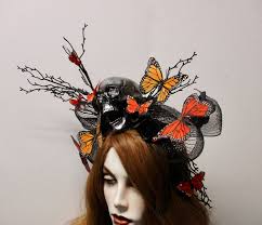 Day of the Dead Headpiece Skull BUTTERFLIES Headband Black Roses Branches  Monarch Migration Laughing Skull Adult Statement: Found Soul