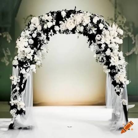Elegant black and white floral arch wedding canopy on Craiyon