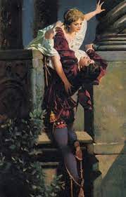Juliet is shown leaning over the balcony railing. Romeo And Juliet The Balcony Scene Oil By Hans Makart Austrian 1840 1884 Romeo And Juliet Romance Art Fantasy Romance Art