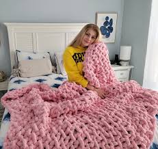 Knitted Blush Pink Throw Chunky Yarn Blanket Knitted Blush Pink Throw Pink  Chunky Knit
