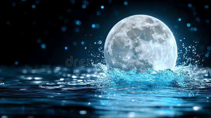 Luminous Full Moon Splashing in Dark Blue Water at Night Stock Illustration  - Illustration of calm, magical: 373575898