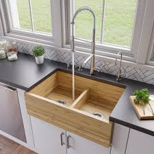 Included with this sink are two stainless steel strainers and an embossed vigo cutting board. Alfi Brand Ab3321 33 Double Bowl Apron Front Farm Bamboo Kitchen Sink