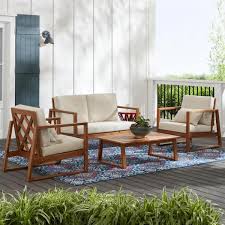 Nothing fires up conversation quite like an outdoor conversation set. Hampton Bay Willow Glen Farmhouse 4 Piece Teak Wood Outdoor Patio Conversation Seating Set With Beige Cush Conversation Set Patio Patio Seating Sets Wood Patio