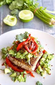 Spiced Mexican Tuna Steaks With Sweet Peppers Avocado Salsa Recipe Tuna Steaks Stuffed Sweet Peppers Seafood Recipes