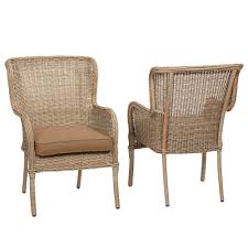 Hampton Bay Lemon Grove Wicker Outdoor Patio Dining Chair With Standard Toffee Solid Cushions 2 Pack H213 01209200 The Home Depot In 2020 Wicker Dining Chairs Wicker Patio Chairs Patio Dining Chairs