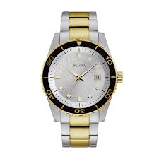Bulova Dress Collection Mens Silver Dial Watch With Black Top Ring In Two Tone Stainless Steel 98a198