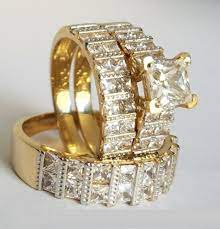 Diamond Bridal Trio Engagement Ring Set His Her Wedding Band 14k Yellow Yellow Gold Wedding Ring Sets Princess Diamond Engagement Rings Bridal Engagement Rings