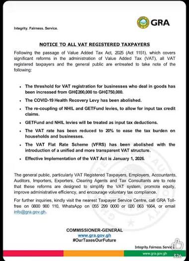 VAT rate cut to 20% as GRA unveils sweeping tax reforms effective January  2026. #GHOneNews #EIBNetwork #GHOneTV #NewsAlert