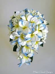 Teardrop Wedding Bouquet Showcasing White Blue Yellow Plumeria White Hyacinth With Images Blue Wedding Bouquet Artificial Wedding Bouquets Wedding Flower Arrangements