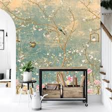 This peel and stick wallpaper gives the look of a stone wall. Vintage Blumen Auf Grunge Wand Vogel Grun Und Rose Sakura Etsy Chinoiserie Wallpaper Peel And Stick Wallpaper Removable Wallpaper