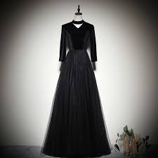 Modest Simple Black Suede Evening Dresses 2019 A Line Princess High Neck 3 4 Sleeve Floor Length Long Ruffle Formal Dresses Glamorous Evening Dresses Simple Black Evening Dresses Evening Dresses