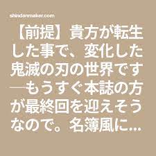 前提 貴方が転生した事で 変化した鬼滅の刃の世界です もうすぐ本誌の方が最終回を迎えそうなので 名簿風に ノリで作りました 階級 呼吸 日輪刀の色 痣の有無 その他 能力値 鬼の討伐数のグラフなど詰め込みました 随時修正中 診断メーカー 名簿