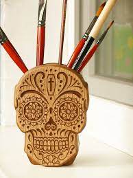 Sugar Skull Wooden Pen Holder Wood Carved Skull Office Etsy Skull Carving Wooden Pen Holder Wooden Pen