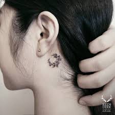 19 best blue rose tattoos on neck. Small Floral Moon Tattoo Behind The Left Ear