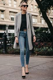 Blonde Woman Wearing Zara Grey Wool Coat Black Sweater Denim Skinny Jeans Gucci In 2020 Work Outfits Women Business Casual Outfits Office Casual Outfit