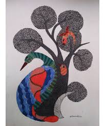 Natural dynamic mixture of colors flow background. Gond Art Painting Bird In Nest Global Artisans