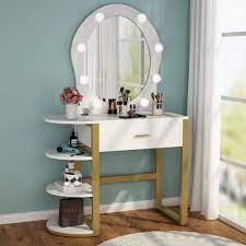 4 out of 5 stars. Tribesigns Vanity Table With Lighted Mirror Makeup Vanity Dressing Table With 8 Lights And Drawer Storage Shelves For Women And Girl Dresser Desk Vanity Set For Small Space Bedroom Gold And White