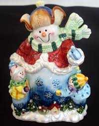 2000 Snowman Family Christmas Winter Fun Candy Cookie Jar Ceramic Snow Cookie Jars Vintage Christmas Cookie Jars Snowman Cookie Jar